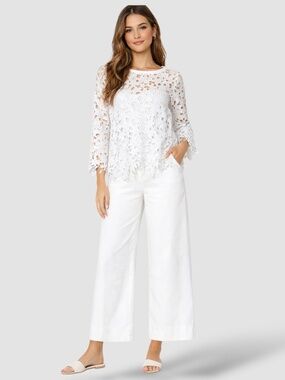 CHICO’S The Travelers™ Collection White Lace Cut Out  Floral Top US Sz L